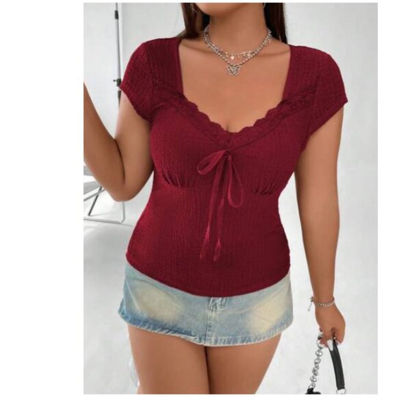 SHEIN Deep Red Lace Trim Blouse Top Size 2XL - Picture 1 of 7